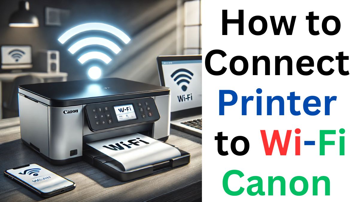 A modern Canon printer connecting to a Wi-Fi network with a glowing Wi-Fi symbol above it. A laptop and smartphone in the background display wireless print commands in a clean home or office workspace.