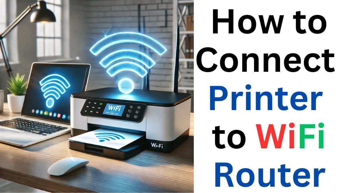 Modern home office setup with a wireless printer connecting to a Wi-Fi router, showing seamless wireless printing.